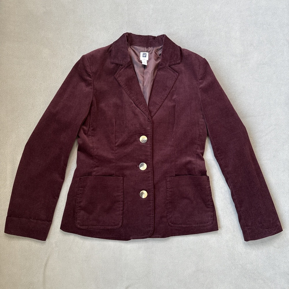 GAP Jacket Womens Medium Burgundy Velvet Y2K‎ 2000s Retro Lined Cotton Blazer